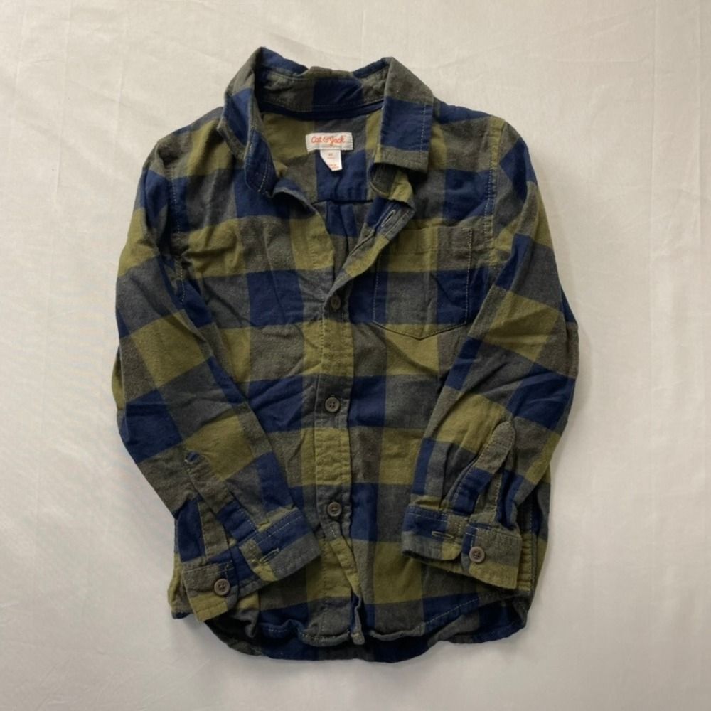 Cat & Jack Boys Flannel Shirt Olive Green Navy Blue Buffalo Plaid Button Down 5T